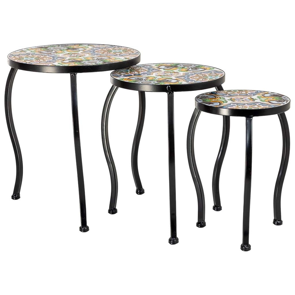 Set 3 pezzi in mosaico e ferro battuto, Verde, 33x33x37h-28x28x33h-23x