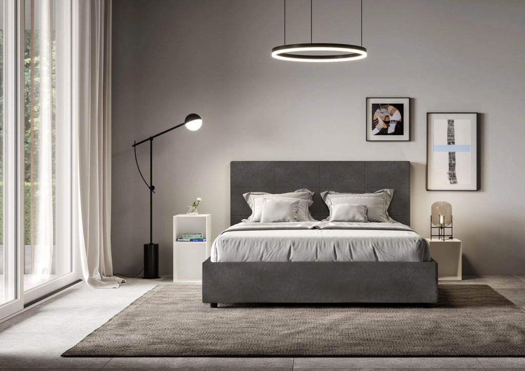 BS COM Letto una piazza e mezza con rete imbottito 130x210 microfibra grigio
