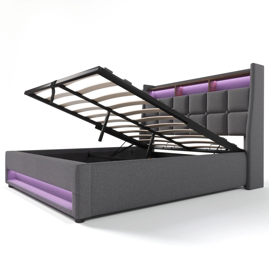 Letto doppio imbottito; 180x200cm; con LED e USB; telaio in tessuto di lino