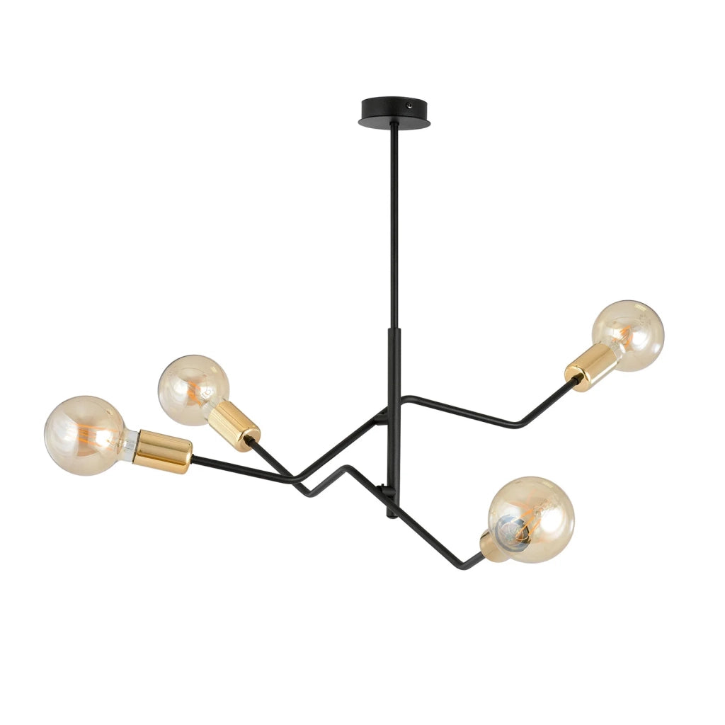 Sospensione Industrial 4 Luci Temi In Acciaio Nero E Oro Bracci Regolabili