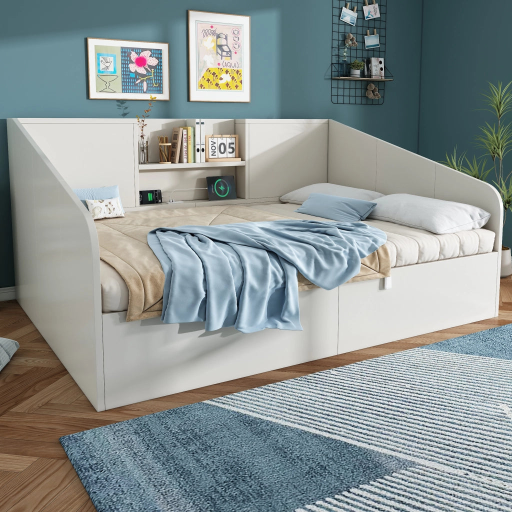 Letto a Divanetto 140 x 190 cm con Contenitore; USB; Type-C e Mensole in Legno - Bianco