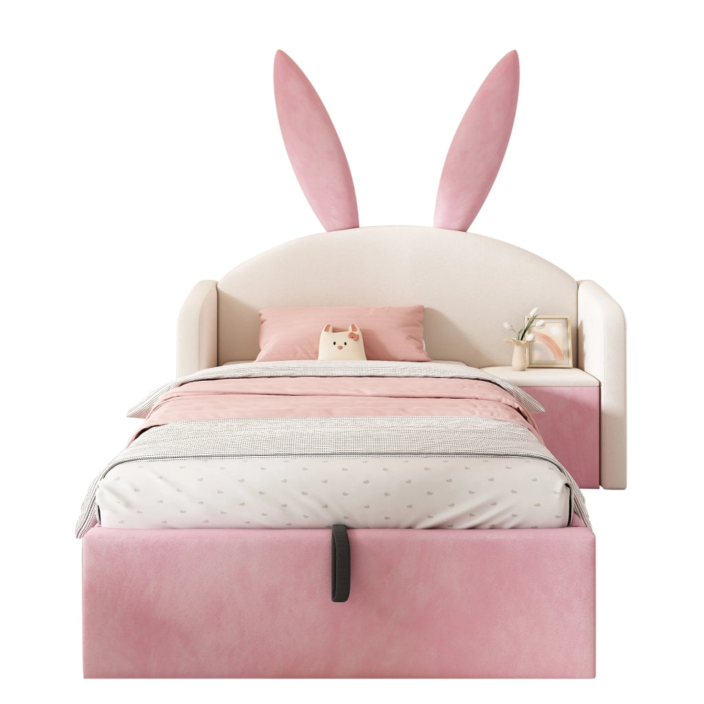 Letto Imbottito Singolo per Bambini con Contenitore e Comodino ¨C MINIMAL ¨C Velluto Beige Rosa 90x190