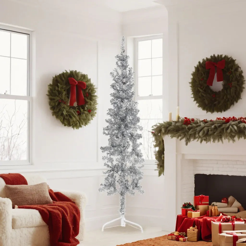Albero Natale | Decorazioni natalizie Artificiale Sottile a Met¨¤ Supporto Argento 180cm