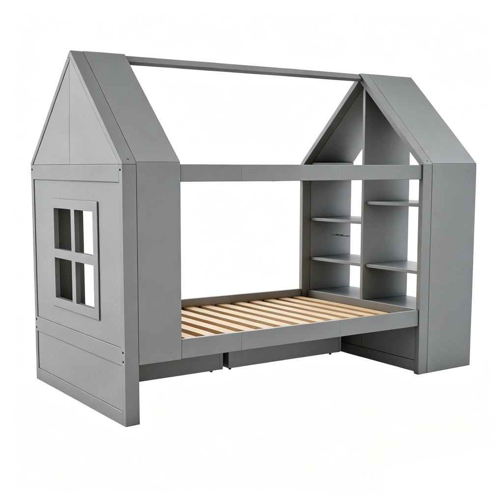 LETTO a casetta 90x200 cm in legno grigio con 2 cassetti e LED