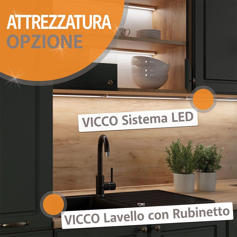 Vicco Cucina componibile Nero lucido/antracite 200 cm , PL Marmo