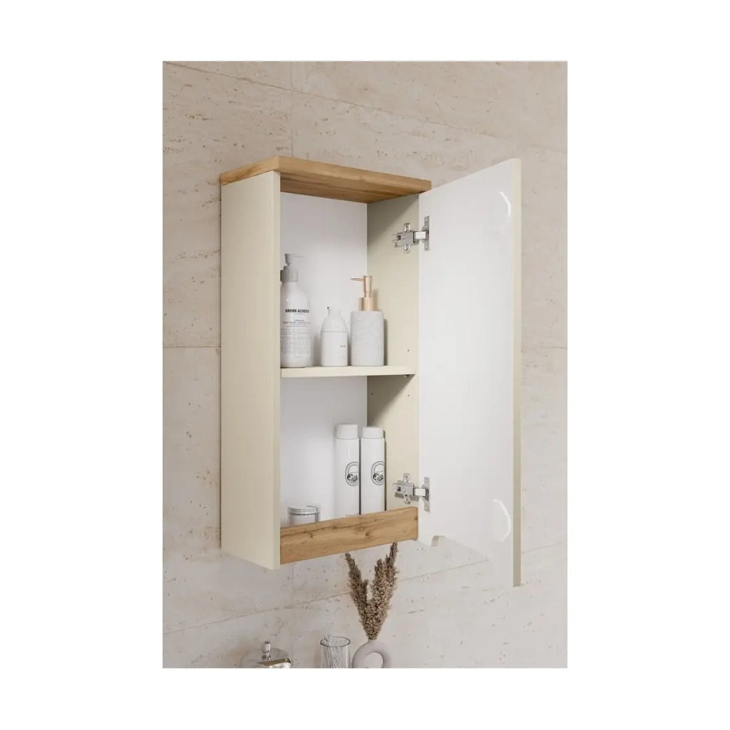 Set ERMANO cashmere e effetto quercia 150cm: mobile sottolavabo + lavabo da appoggio + mobili sospesi e da appoggio