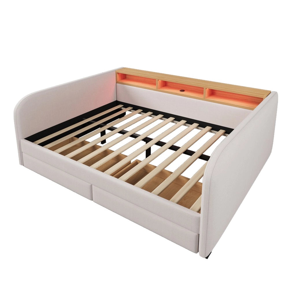 Letto Imbottito Contenitore con LED e 2 Cassetti ¨C Xylo ¨C Tessuto Beige Chiaro 140x190