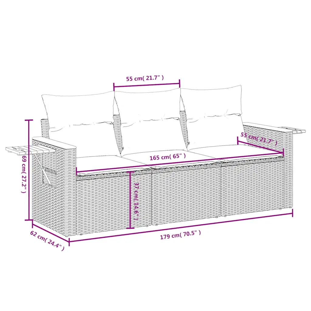Set Divani da Giardino 3 pz con Cuscini in Polyrattan Nero 3226596