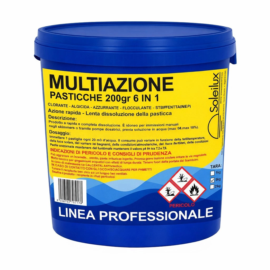 Triplex Multiazione Pastiglie 200gr 10kg Cloro 6 IN 1 - Clorante, Azzurrante, Flocculante, Disinfettante, Antialghe e Stabilizzatore ph - Azione Rapida - Lenta Dissoluzione