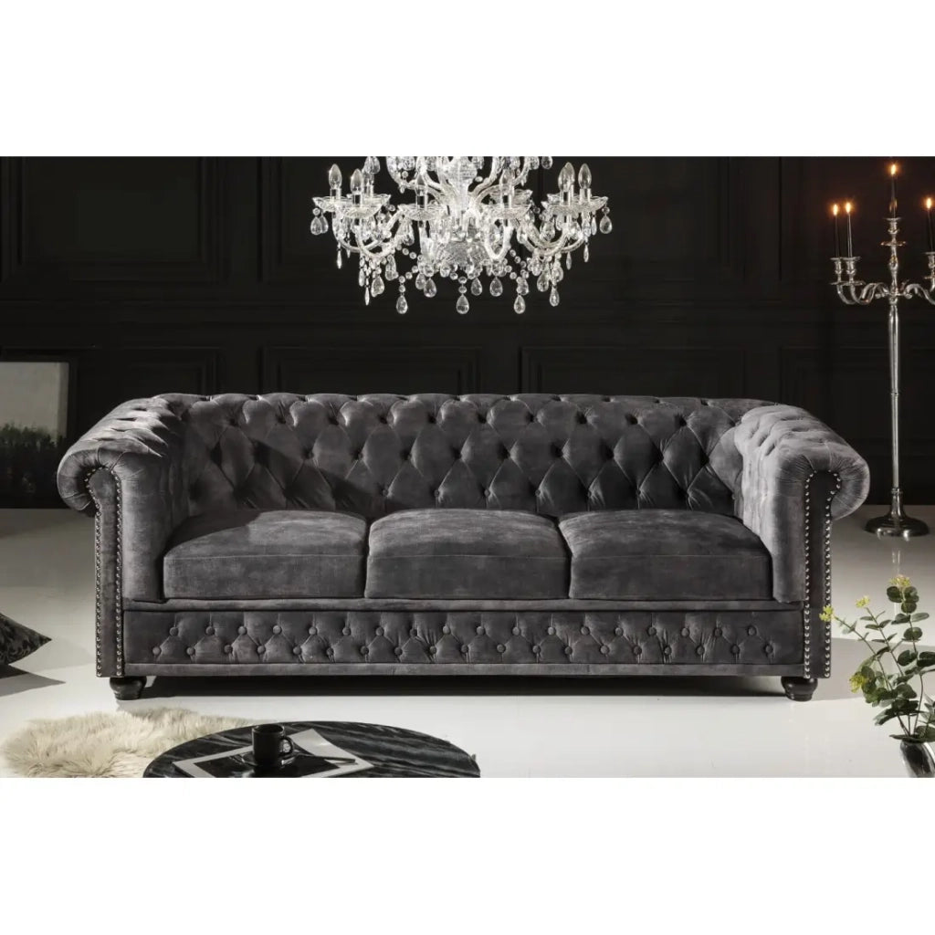Divano dritto EDGAR – Grigio scuro – 3 posti – Velluto stile barocco