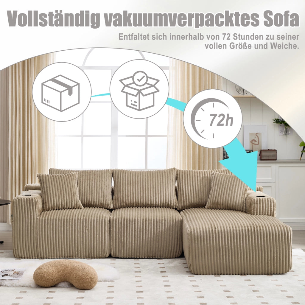 Canapé modulare con chaise longue e 2 posti con tasche laterali portabicchieri e 5 cuscini in velluto khaki
