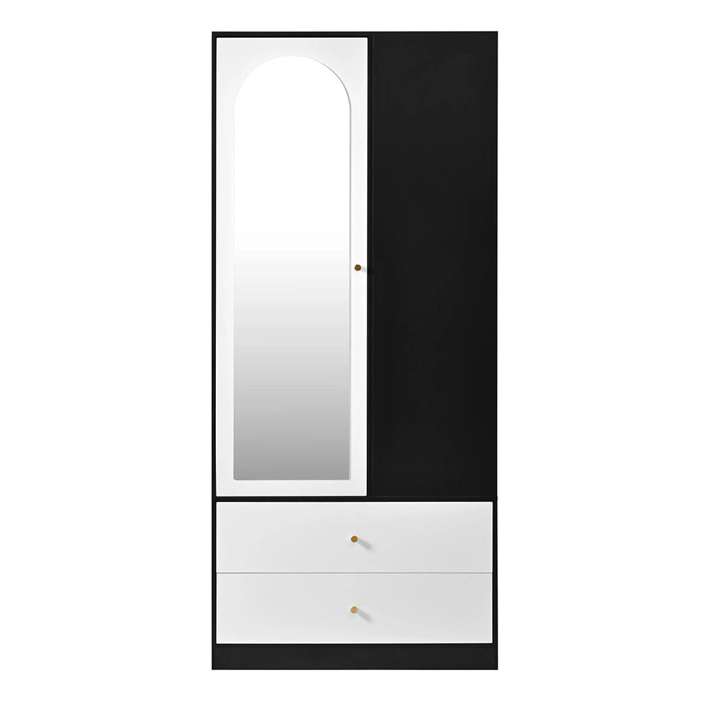 Armadio con specchio e porta - Xylo - 80x40x180 cm - Bianco e nero - 2 cassetti e 4 ripiani