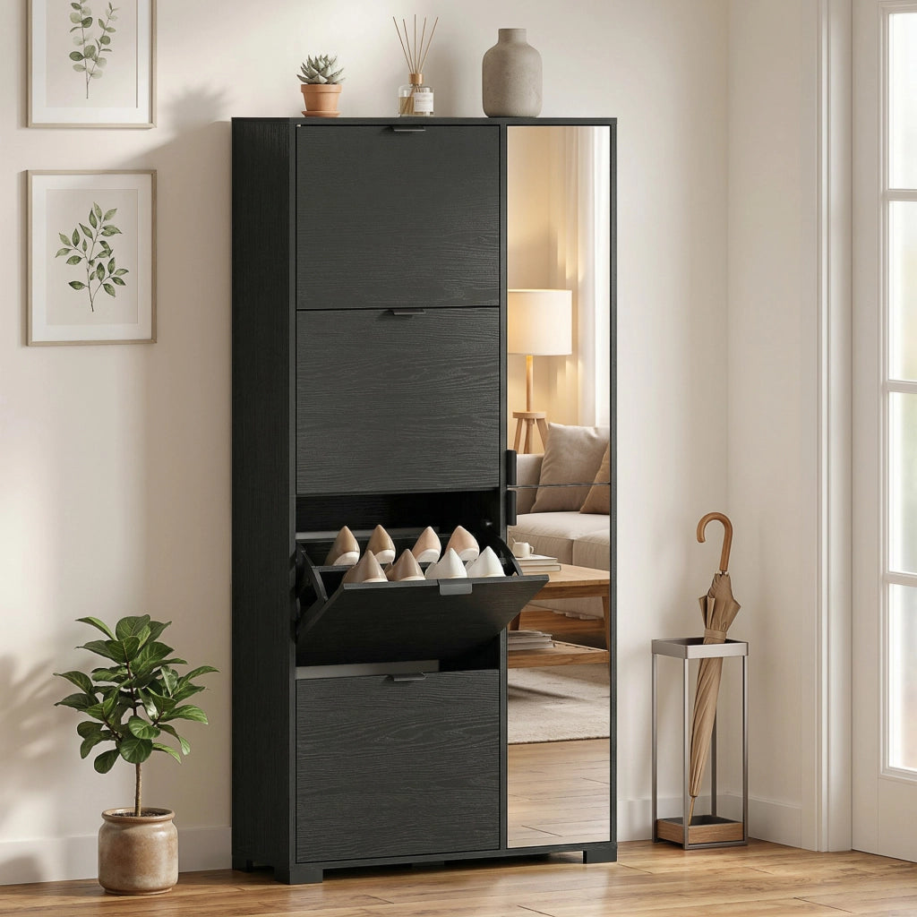 Scarpiera con Specchio e 4 Cassetti a Ribalta ¨C Zephmum ¨C Nero