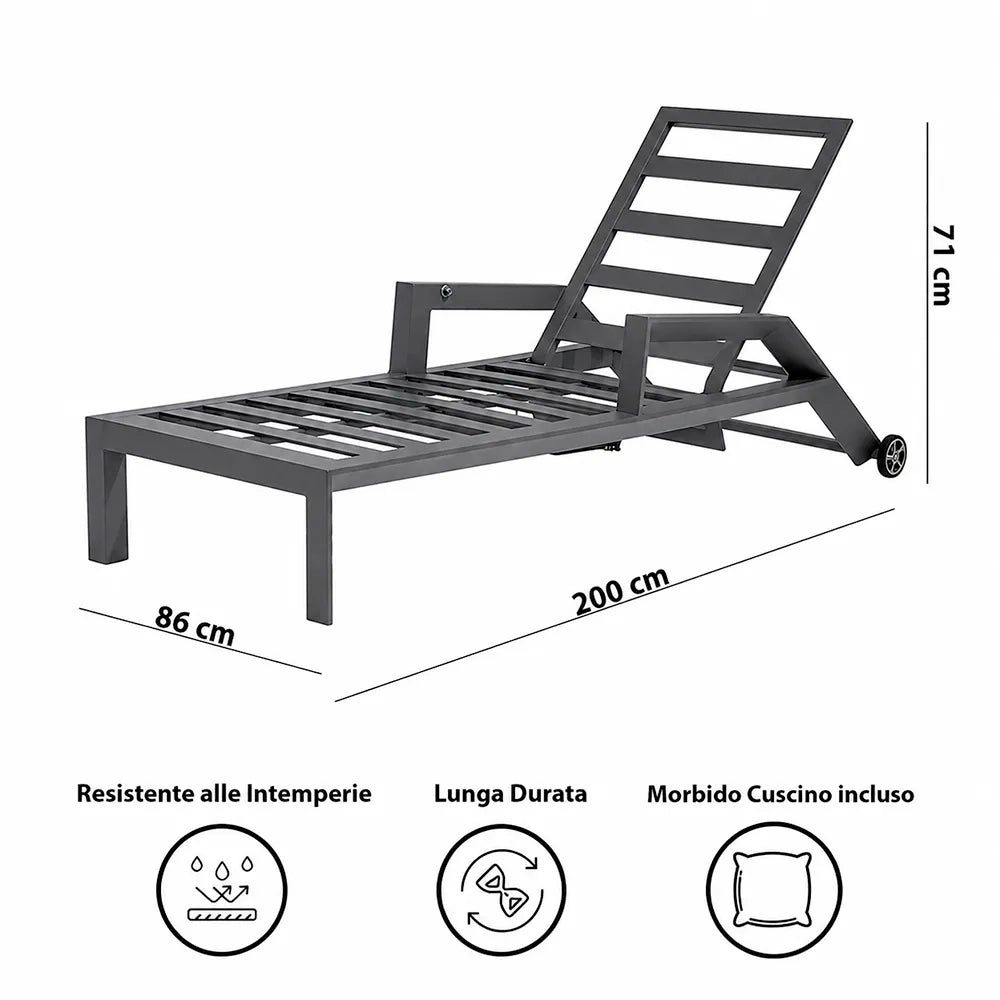 Tempo Style - Lettino Resort Nice Antracite in alluminio | Reclinabile con morbidi cuscini | Ideale per Spiaggia, Piscina, Giardino | 200 x 86 x 71cm