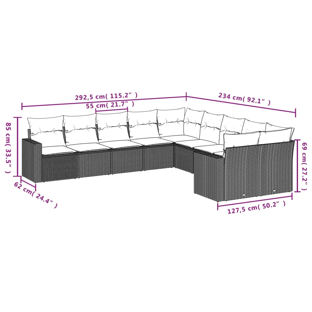 Set Divani da Giardino 10pz con Cuscini in Polyrattan Nero 3219495