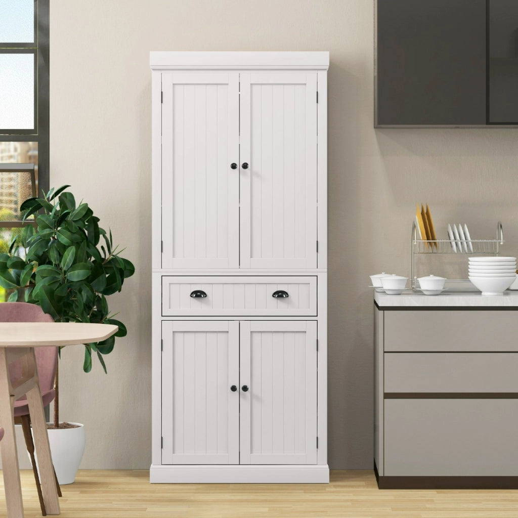 Mobile dispensa da cucina alto 183cm con ripiani regolabili 2 ante e cassetto, Mobile credenza da soggiorno Bianco