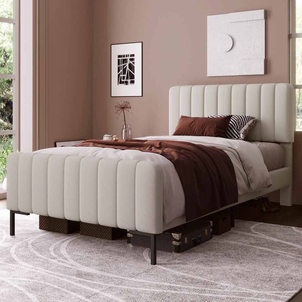 Letto singolo imbottito; 90x200cm; con testiera regolabile; lino grigio beige
