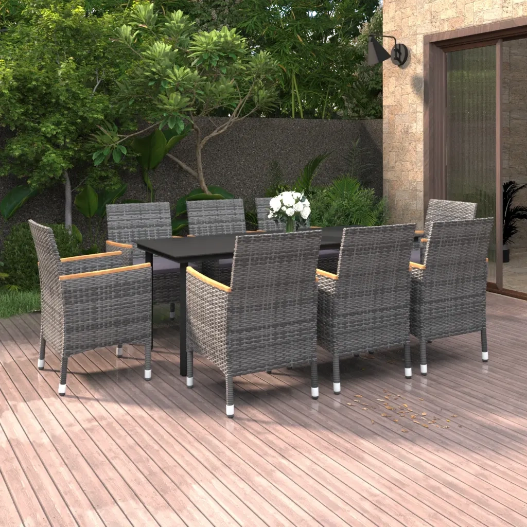 Set da Pranzo da Giardino con Cuscini 9 pz Polyrattan e Vetro 3099780