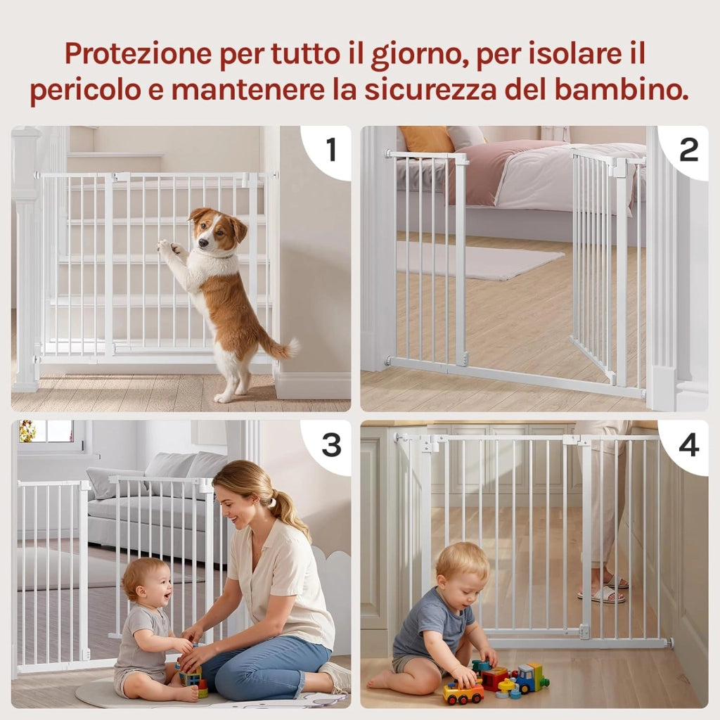 Cancelletto per Bambini in Metallo, Cancello per Scale e Porte con Apertura 75-107cm, Cancelletto per Cani Apribile in 2 Direzioni, Chiusura Doppia, Montaggio con/senza Foratura, Bianco