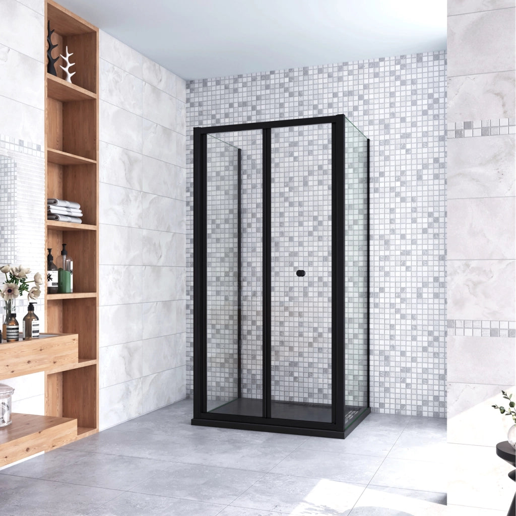 185cm Box Doccia a Tre Lati Porta a Soffietto 90cm con Doppia Parete Fissa 70x70cm in Vetro Temperato Trasparente 5 mm Profilo Nero Opaco