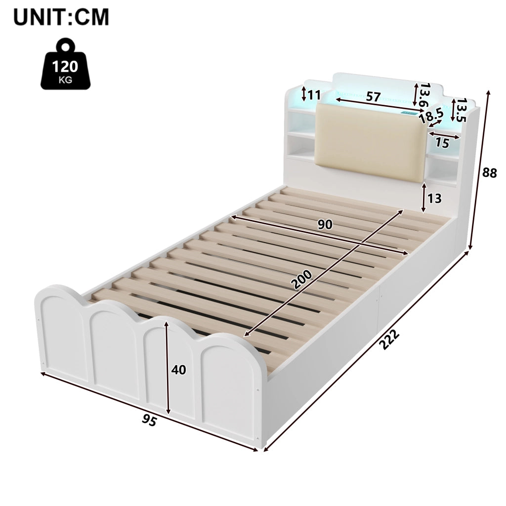 Letto a pannello - Zephmum - 90x200 cm - Bianco - Idraulico, USB-C, LED, comando a pressione/app