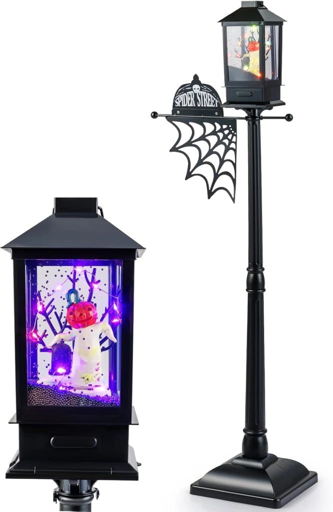 Decorazioni Halloween, Lampione da Terra 155 CM, con Ragnatela, Fantasma di Zucca, 6 Colori di Luce, Musica, Effetto Neve, Decorazione Halloween Interni Esterni per Casa, Giardino, Ufficio