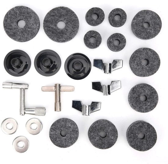Set di accessori completo per batterie - 23 pezzi - Piastra di velluto per tamburi - Set di viti a molla e anelli - Manubri e chiave a Z - Chiave a T - Adatto per batterie e accessori di batteria