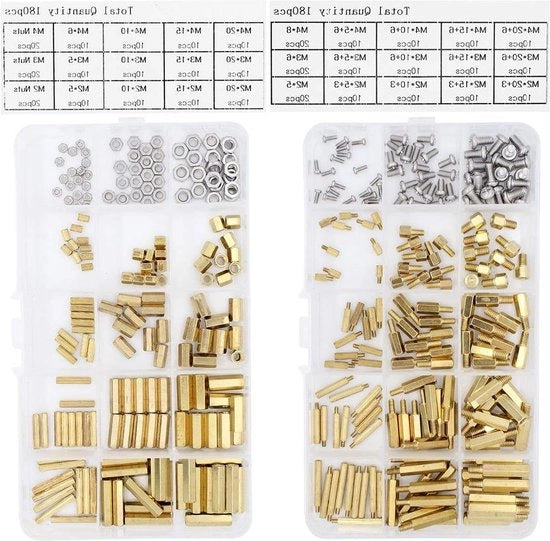 Kit di supporti a schermo a vite per PCB in ottone con assortimento di diametri M2, M3 e M4.