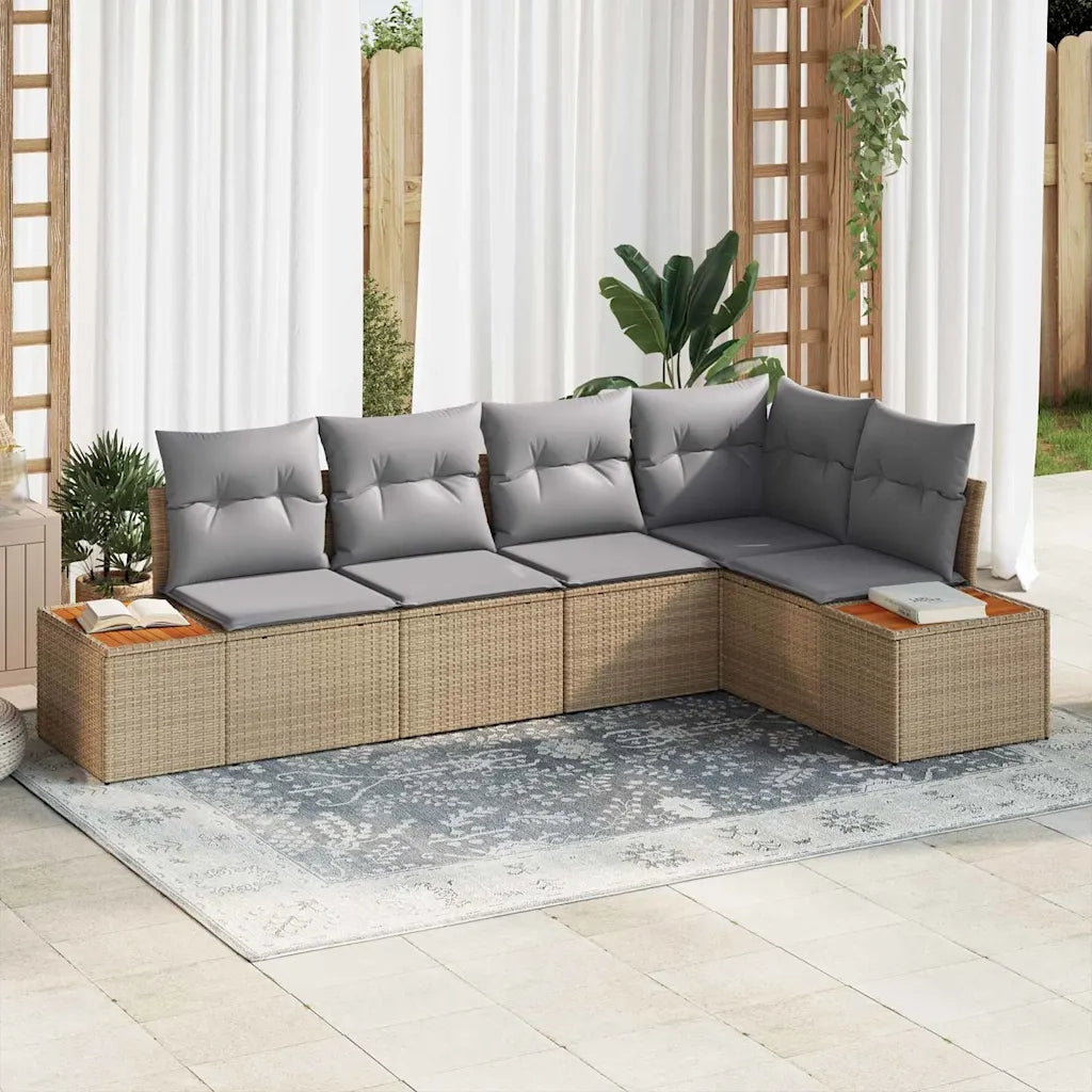 Set Divano da Giardino con cuscino 5 pcs Beige Poly Rattan