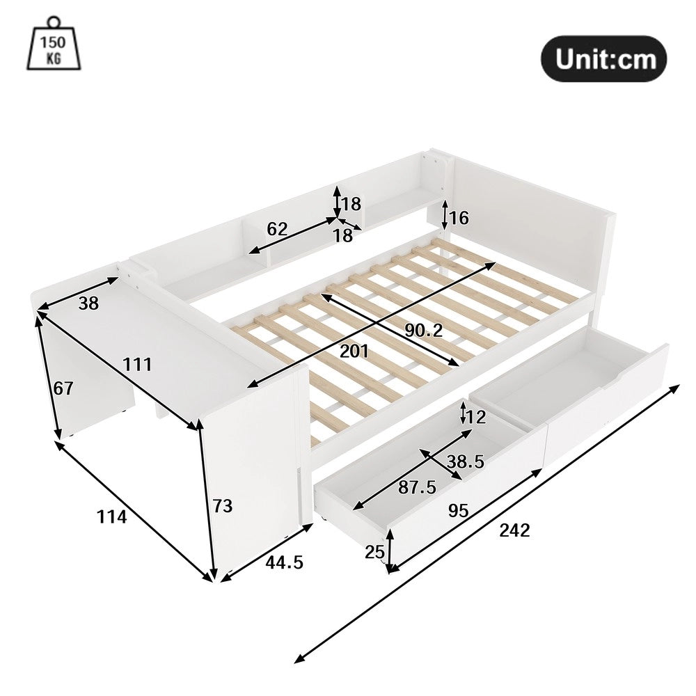 Letto Singolo con Scrivania e Cassetti ¨C MINIMAL ¨C Pino e Multistrato, Bianco, 90x200
