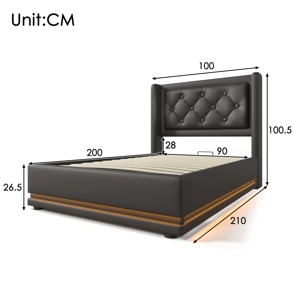 LETTO imbottito 90x200 cm in PU nero con USB Tipo C e LED