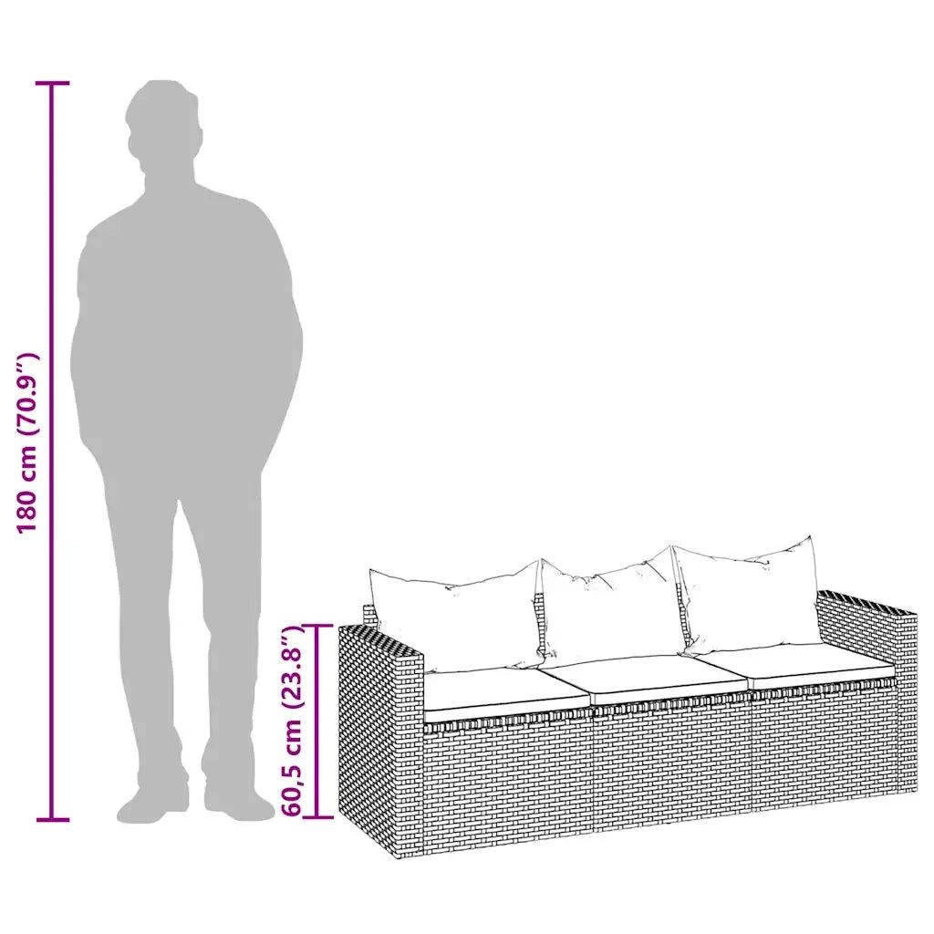 vidaXL Divano da Giardino a 3 Posti con Cuscini Nero in Polyrattan