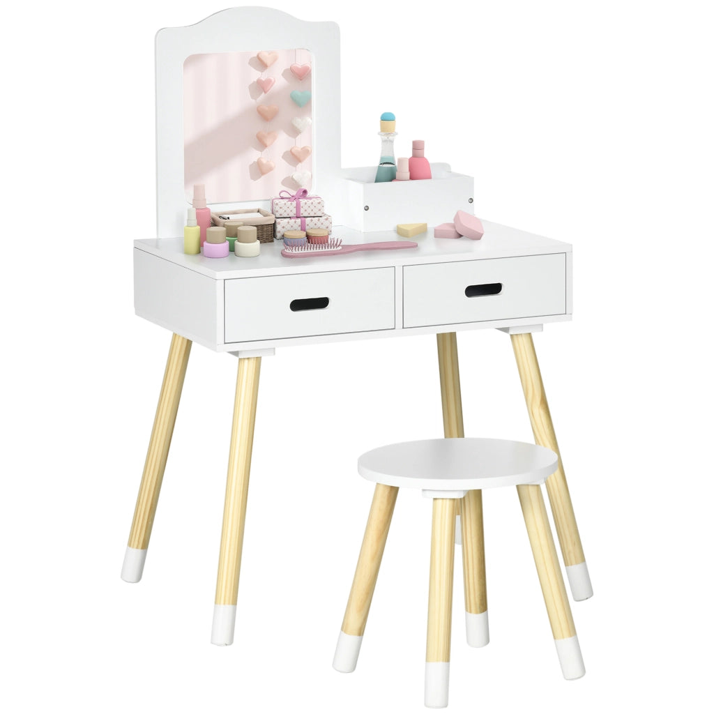 Toeletta per Bambini con Tavolo Trucco, Sgabello, Specchio e Cassetti ¨C Minimal ¨C Bianco e Legno