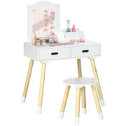 Toeletta per Bambini con Tavolo Trucco, Sgabello, Specchio e Cassetti ¨C Minimal ¨C Bianco e Legno