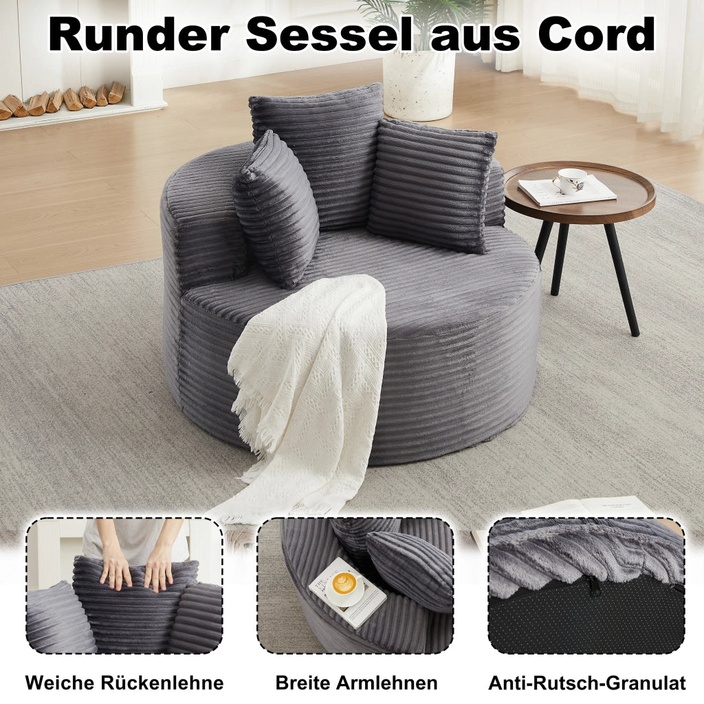 POLTRONA rotonda Ø 110 cm in corduroy grigio con 3 cuscini