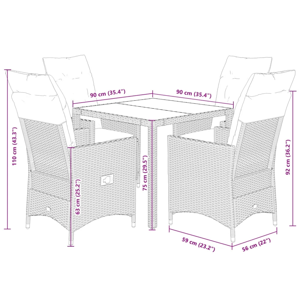 Set da Pranzo da Giardino 5pz con Cuscini in Polyrattan Marrone