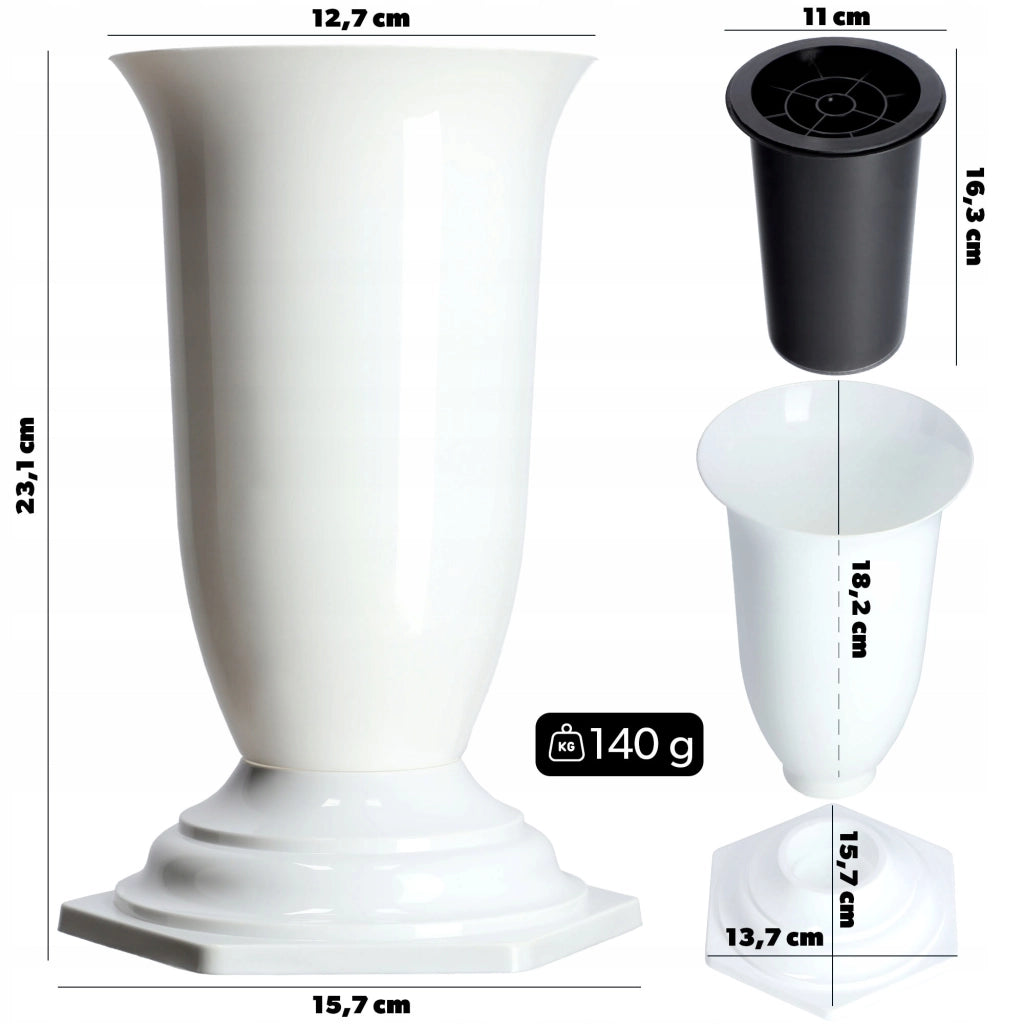 Vaso/bottiglia KADAX per cimitero, tomba, funerale, in plastica bianca, 23 cm, resistente al gelo.