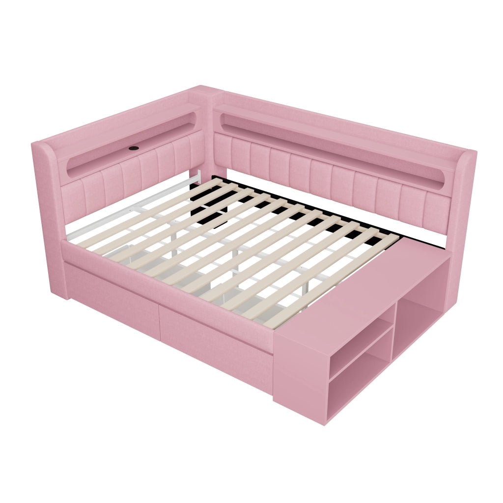 Divano letto imbottito 90x200cm - Zephmum- USB, LED, con scarpiera e 2 cassetti, Rosa
