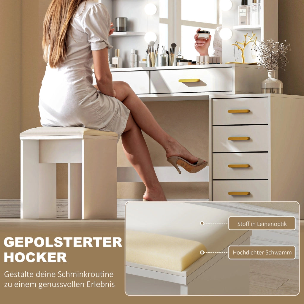 Scrivania Trucco con Specchio Illuminato e Sgabello Imbottito ¨C Minimal ¨C Bianco 6 Cassetti