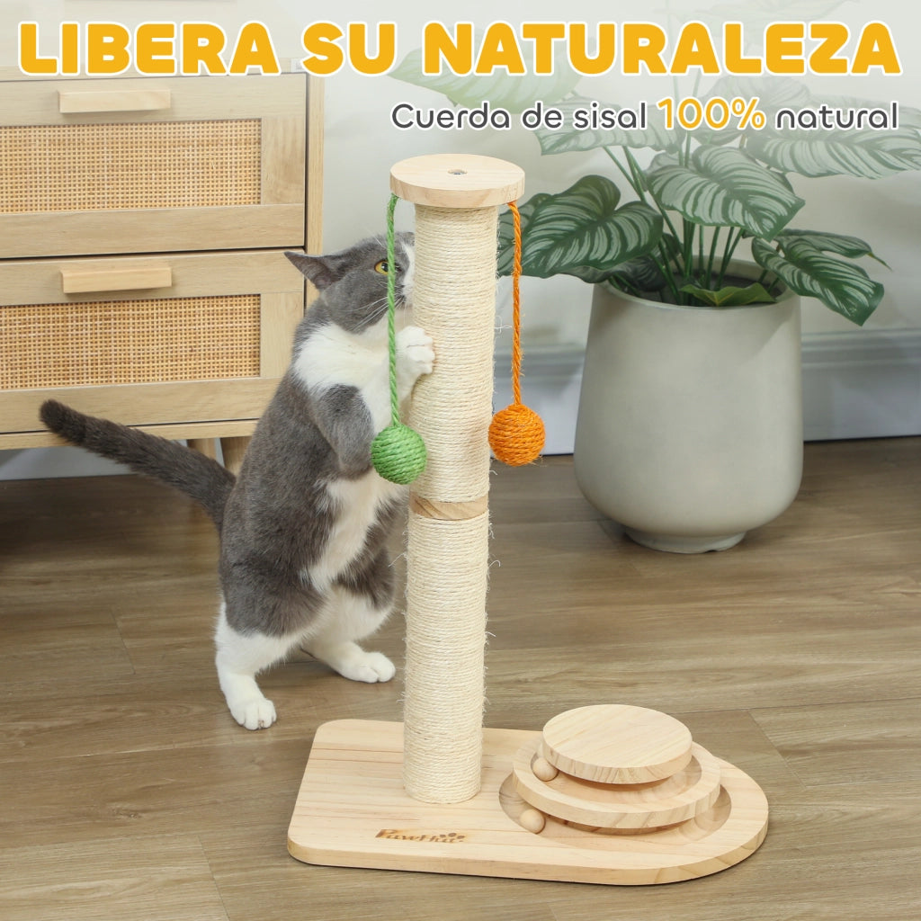 Gioco per Gatti con Graffiatoio e Palline ¨C Minimal ¨C Legno Naturale 56,5 cm