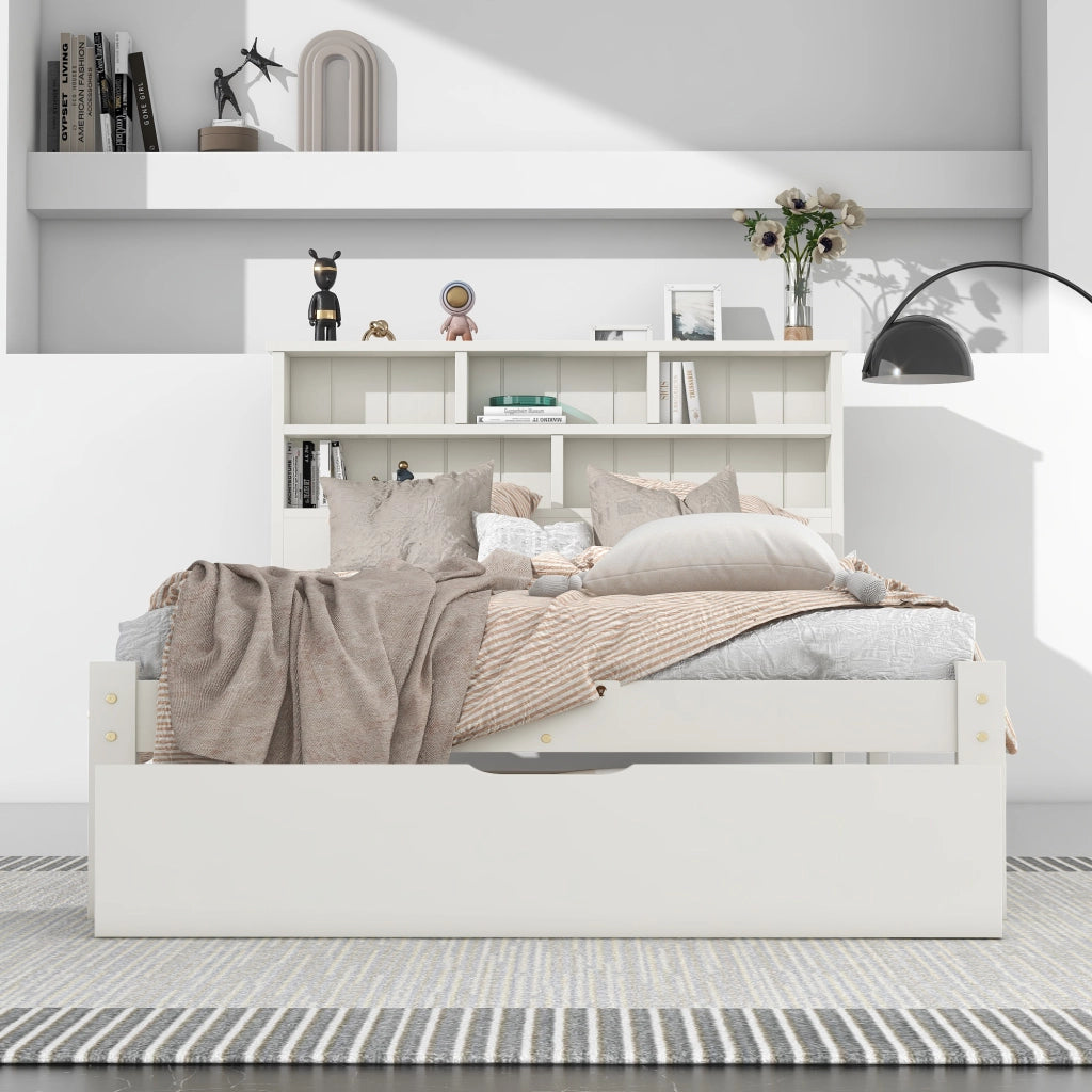 LETTO singolo 90x200 cm con cassetti e testiera libreria bianco