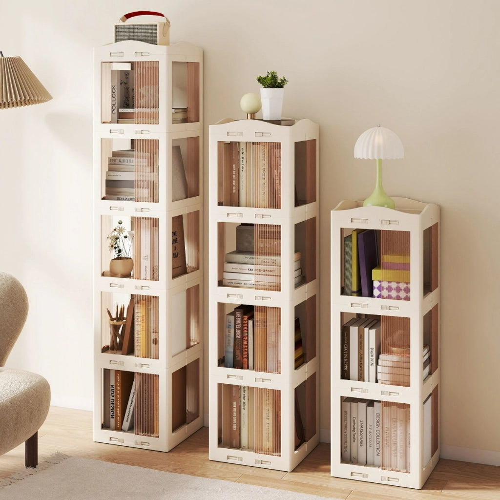 Libreria girevole pieghevole a 5 livelli per soggiorno e studio, Scaffale girevole a 360¡ã con base rotante per esposizione Bianco