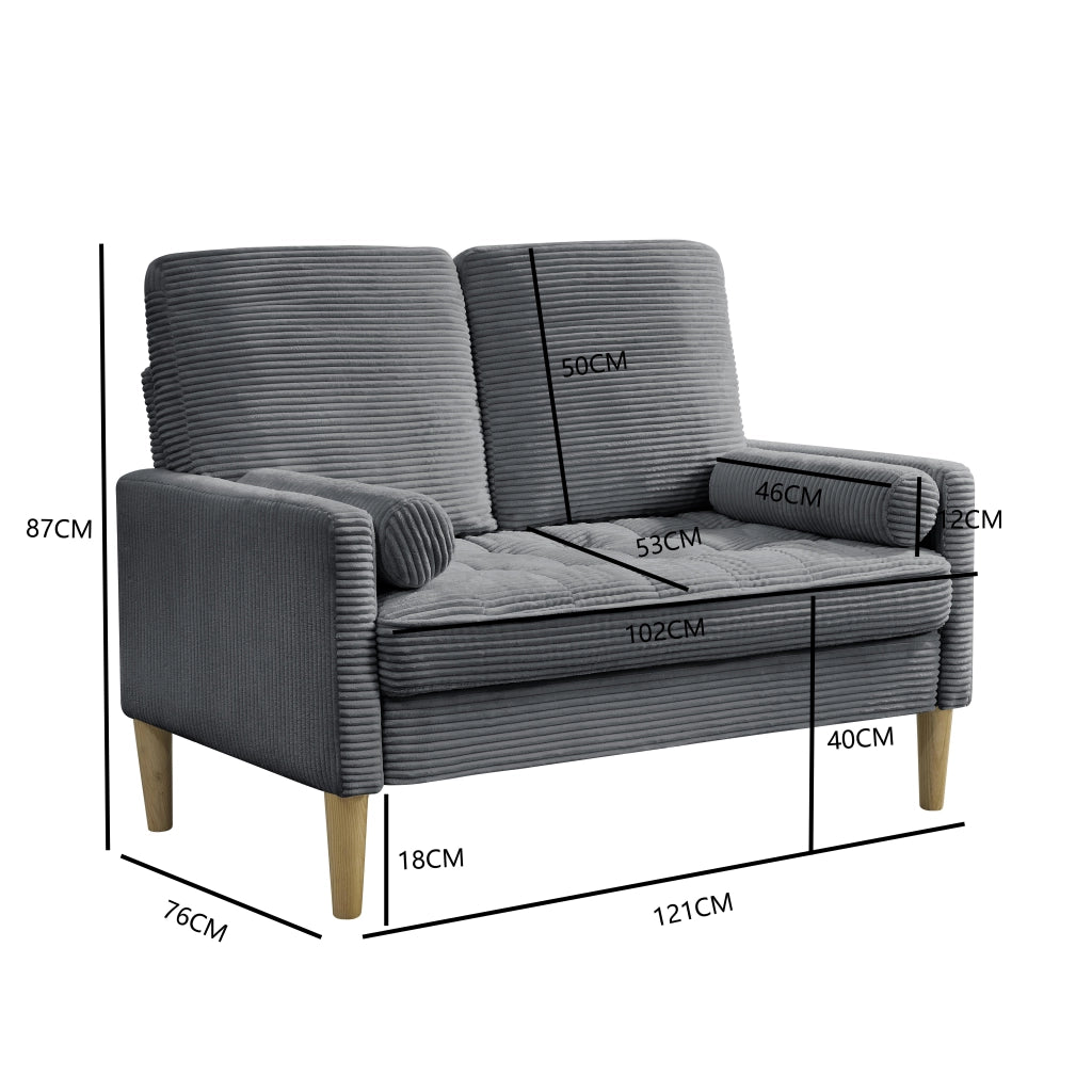 DIVANO 2 posti in tessuto grigio con gambe in legno, 107 cm