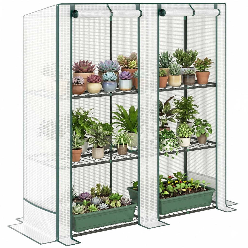 Serra da Giardino con 2 Porte, Scaffale 3 Ripiani e Tasche Laterali ¨C Xylo ¨C Bianco e Verde