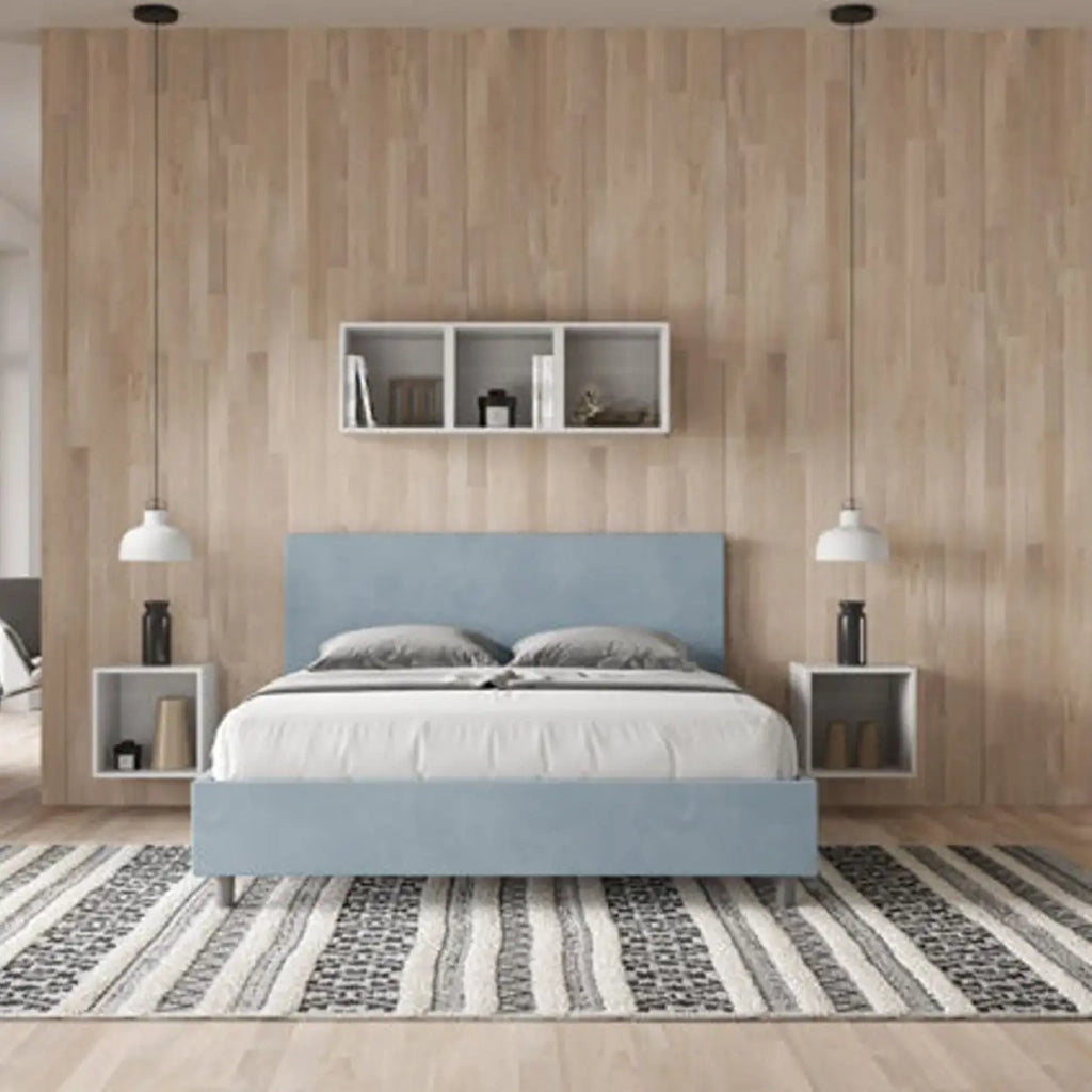 Letto matrimoniale senza rete imbottito 160x200 microfibra azzurro Adele