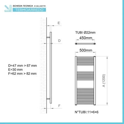 Termoarredo design nero opaco L 50x120 interasse 45 cm con kit valvole