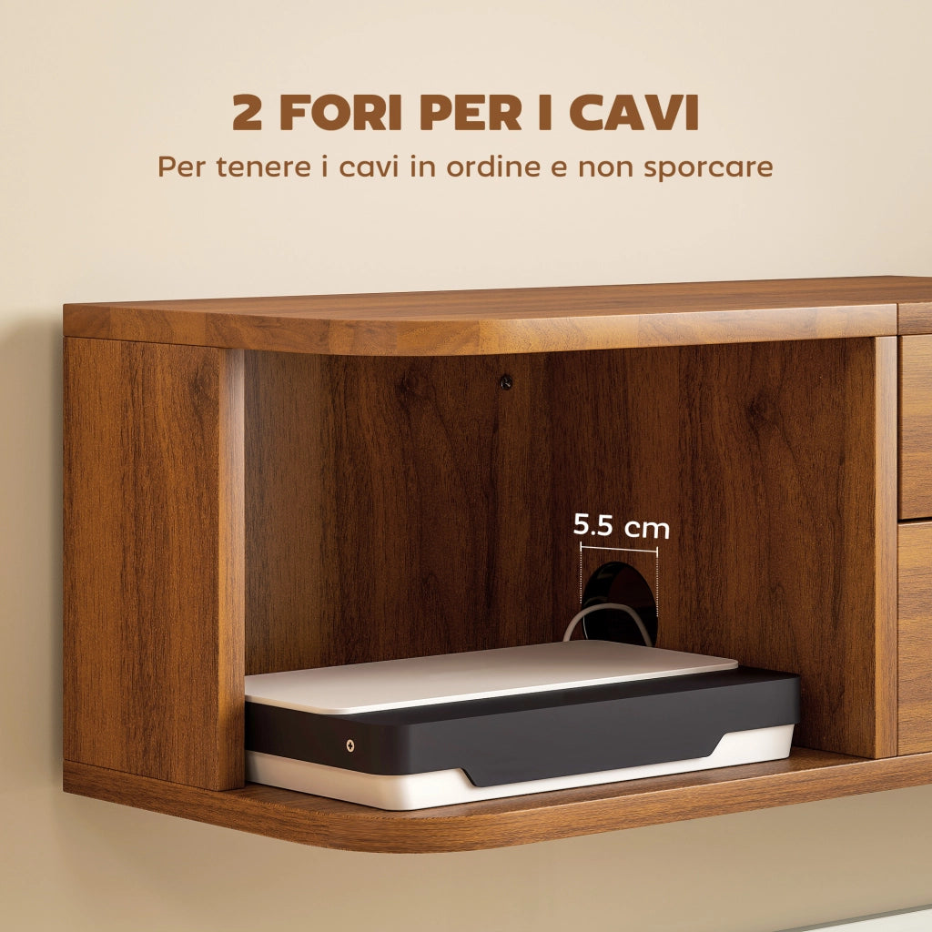 Mobile TV Sospeso con Cassetto, Ripiani e Prese ¨C zephmum ¨C Noce, 120x24x22.4 cm