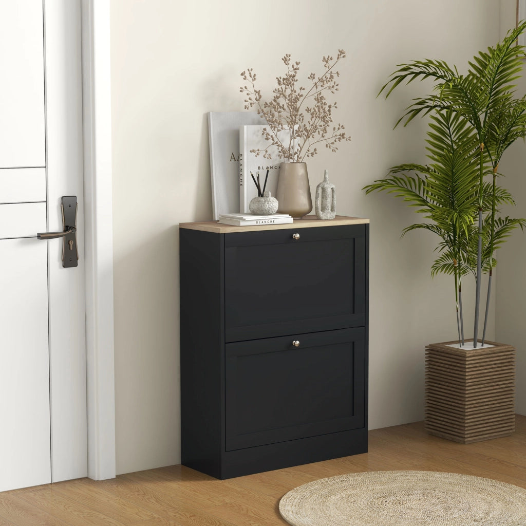 Scarpiera con 2 Cassetti e Ripiani Regolabili ¨C zephmum ¨C Nero 60x23.5x80cm