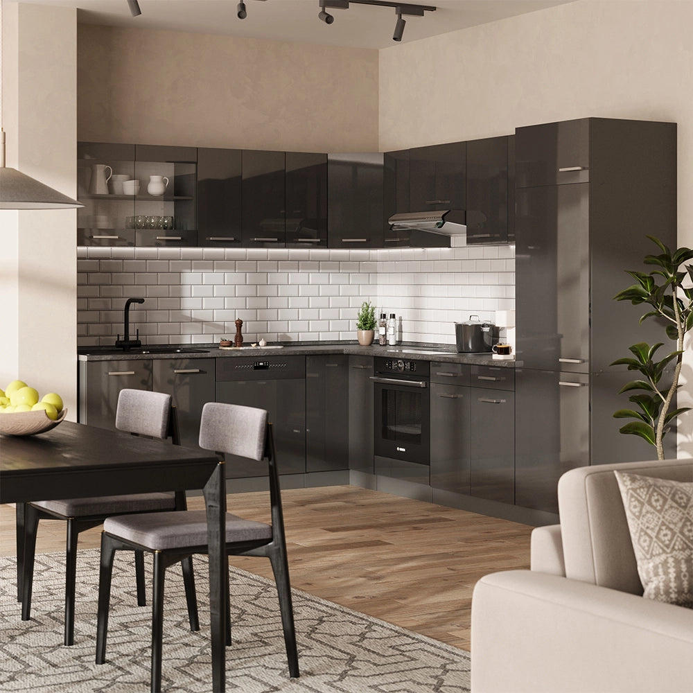 Cucina angolare completa R-Line Antracite lucido/Antracite 287 x 227 cm senza piano di lavoro Vicco