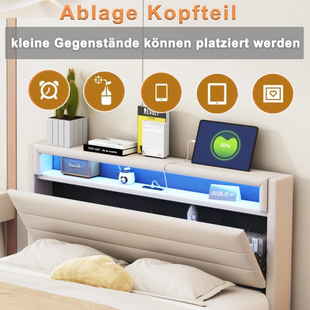 Letto matrimoniale – 160x200 cm – USB LED testiera reversibile – lino beige